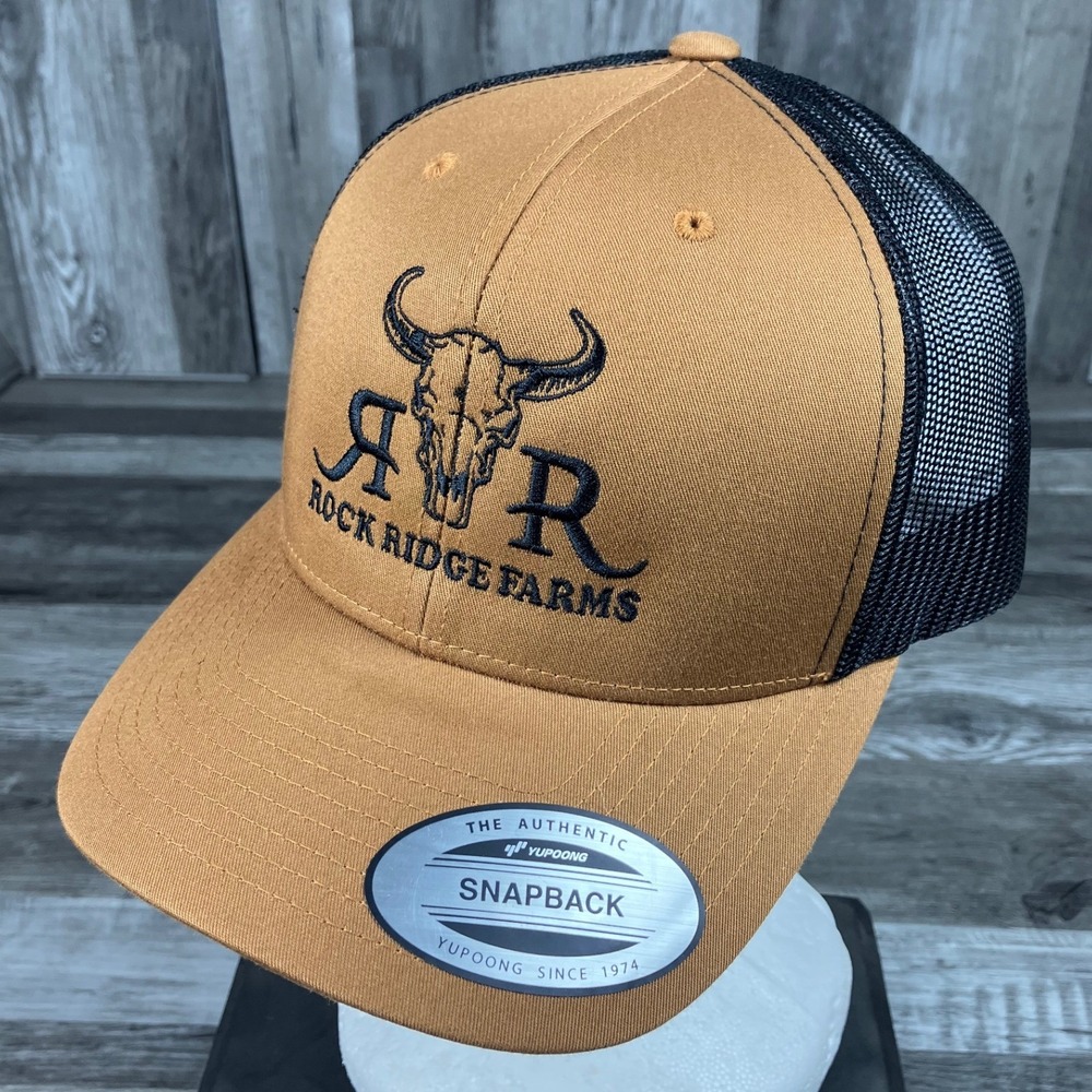 Yupoong Rock Ridge Farms Bull Skull Trucker Hat Brown Black Snapback Cap